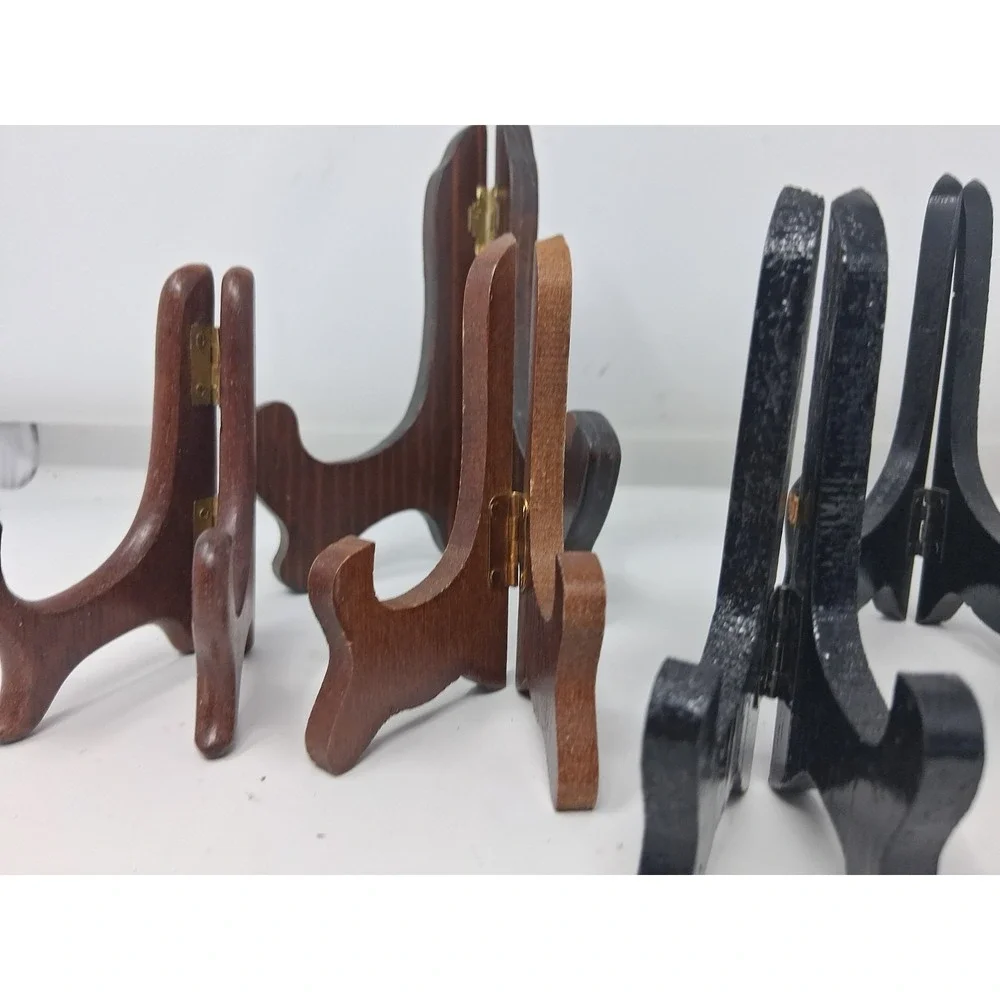 Hinged Easel Plate Holders Wooden Folding Set of 7 Black/brown. Q